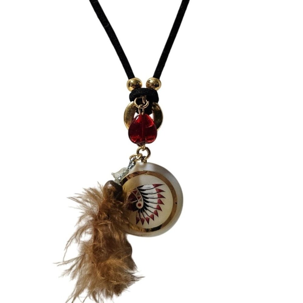 Native American Inspired Pendant Necklace Feather Red Bead Accents Black Cord